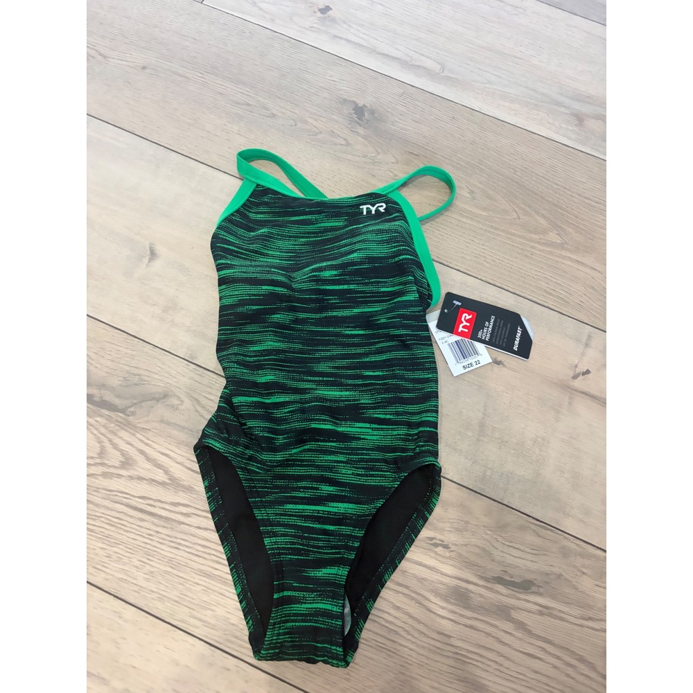 TYR Girls Durafast Elite Diamondfit One Piece Swimsuit Green Black Size 22 NWT